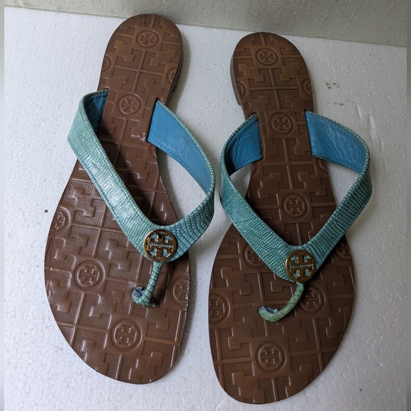Tory Burch Blue and Brown Sandals with Medallion Embellishment - Picture 1 of 7